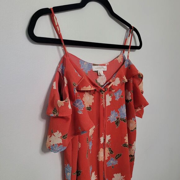 Monteau Coral Floral Cold Shoulder Ruffle Blouse Medium Button Front Top - Picture 2 of 5